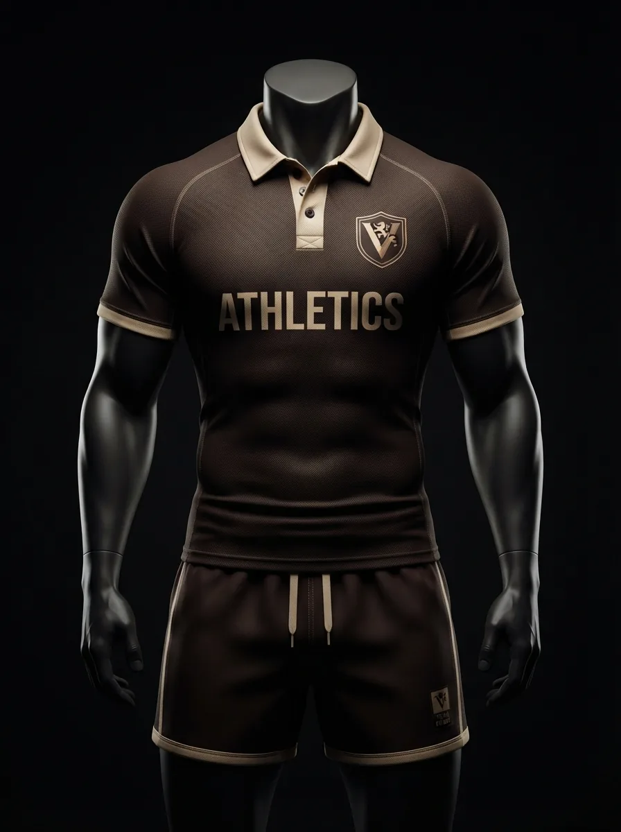 Chestnut and Sand custom rugby uniform jersey and shorts on a mannequin