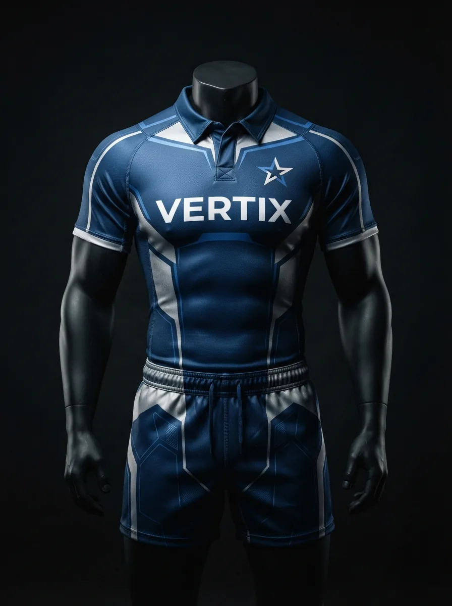 Royal Navy Star custom rugby uniform jersey and shorts on a mannequin