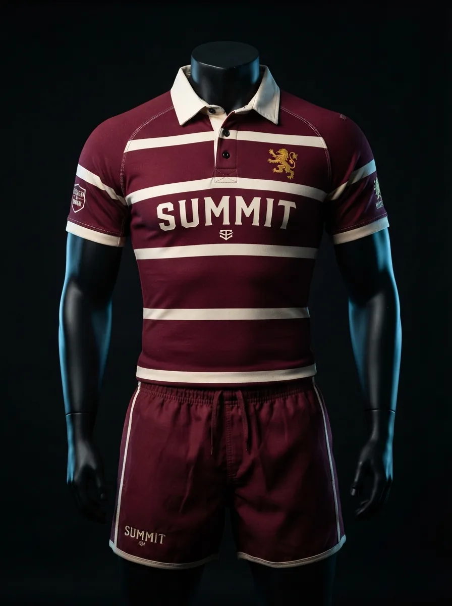 Maroon Cream Hoops custom rugby uniform jersey and shorts on a mannequin
