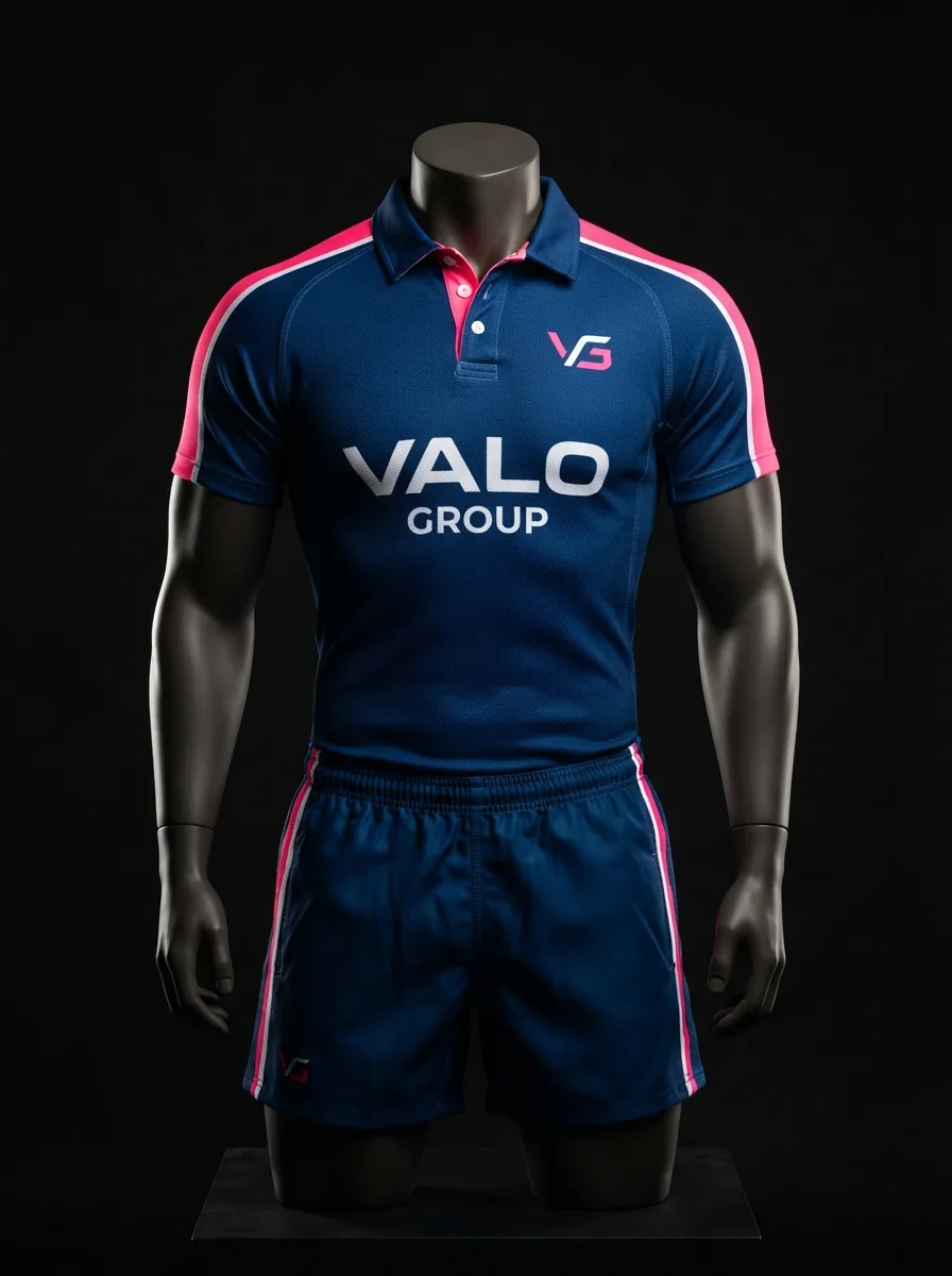 Blue and Pink custom rugby uniform jersey and shorts on a mannequin