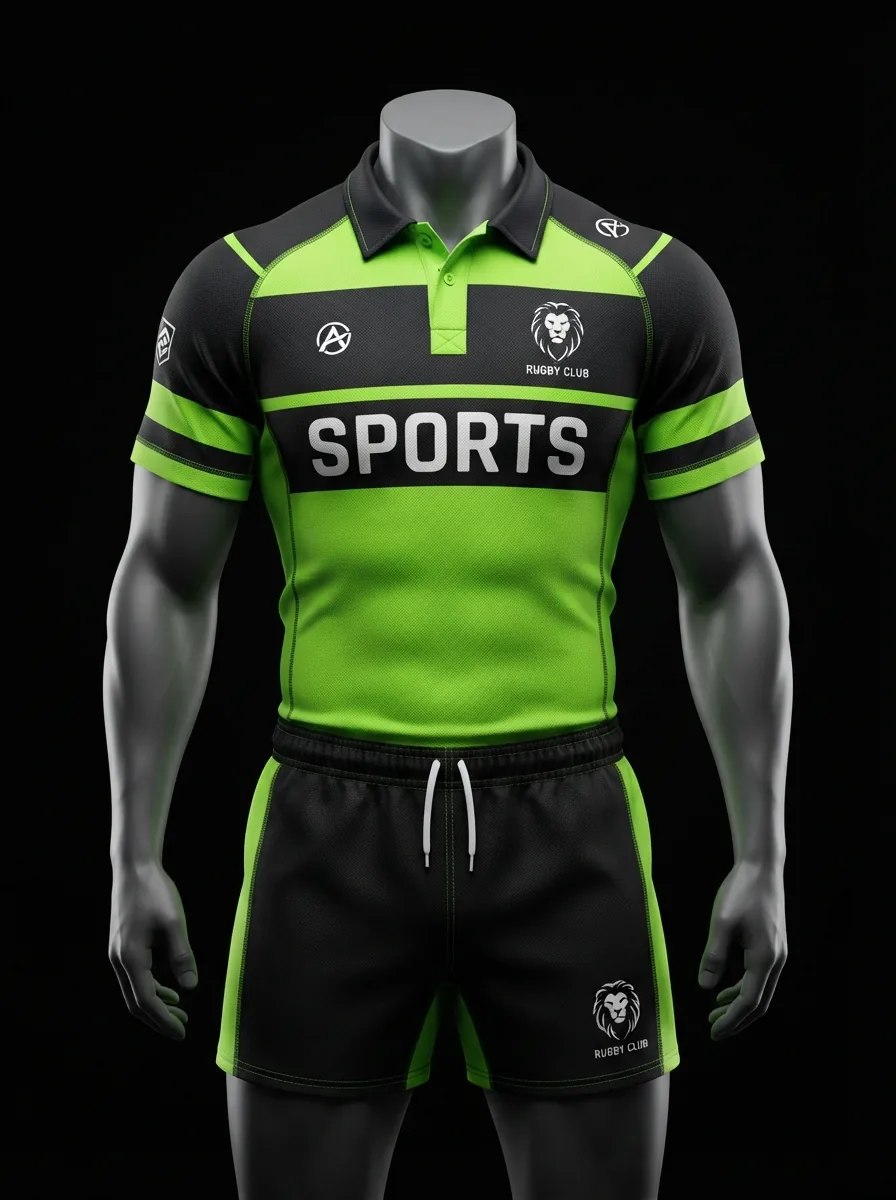 Black and Lime custom rugby uniform jersey and shorts on a mannequin