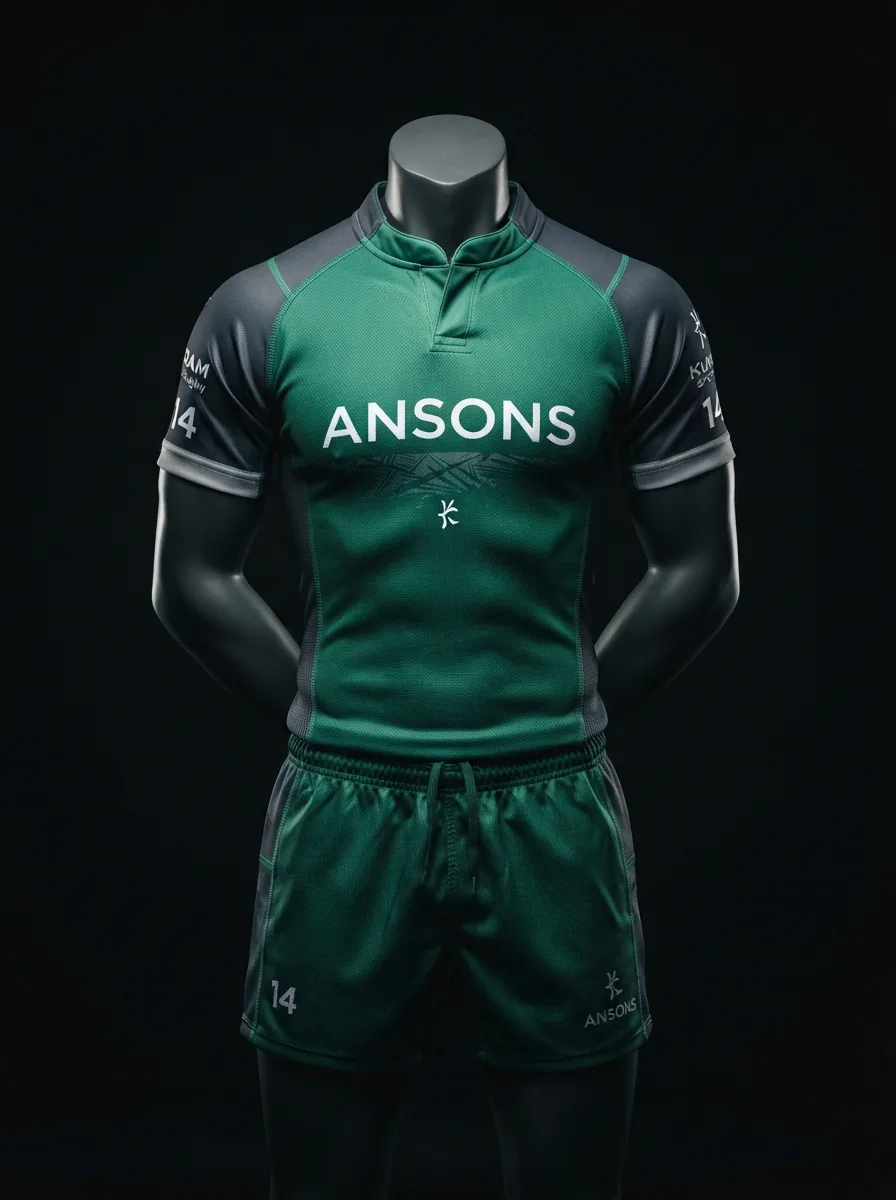 Emerald Teal custom rugby uniform jersey and shorts on a mannequin